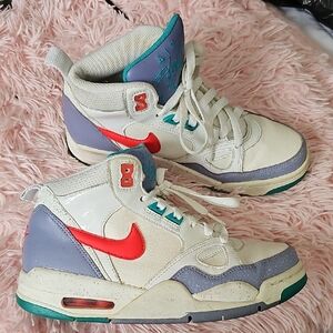Nike Cream High-Top Sneakers with Red Swoosh and Purple & Teal Accents
